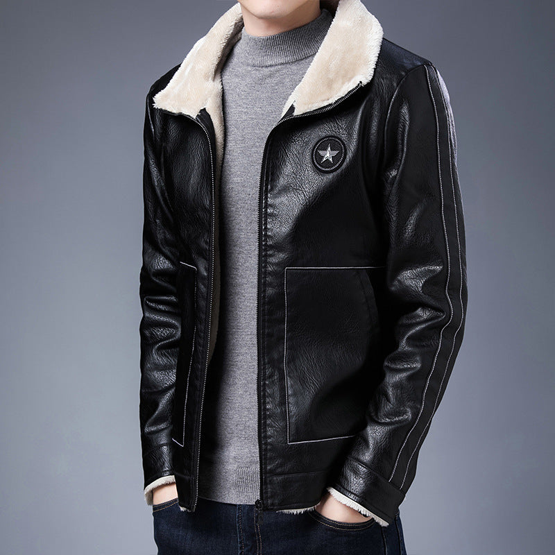 Herren Kunstleder‑Fliegerjacke mit durchgehendem Teddyfutter und Stehkragen EB