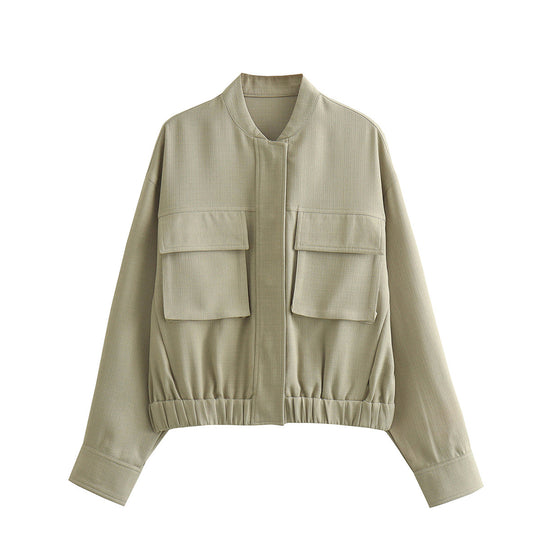 Damen elegante Utility-Jacke mit großen Taschen und elastischem Saum EB