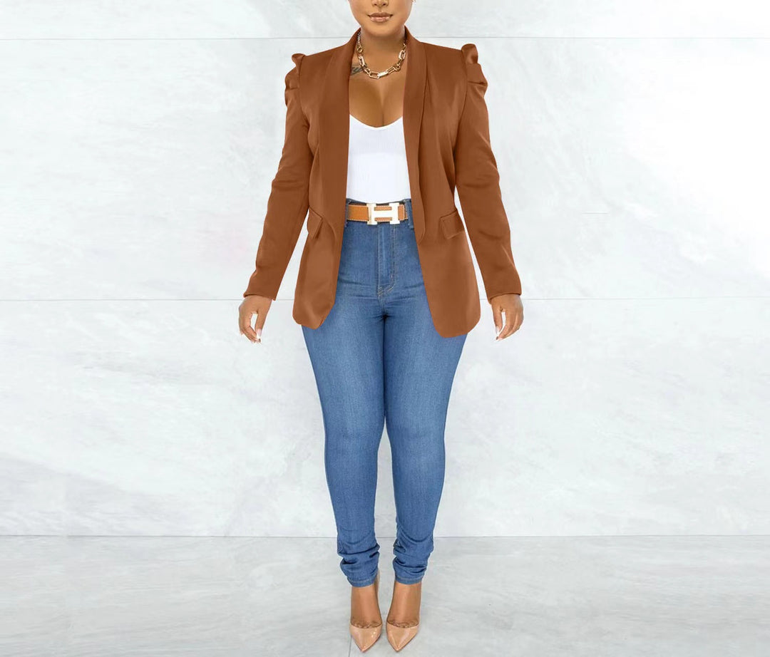 Damen taillierter Blazer mit strukturierten Schulterdetails und offenem Revers EB