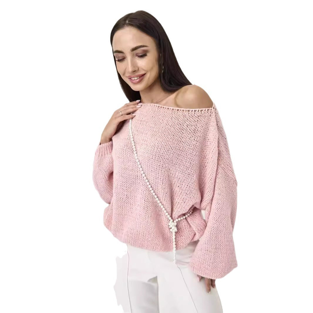 Damen lässiger Oversize-Pullover mit ballonförmigen Ärmeln und strukturiertem Maschenmuster EB