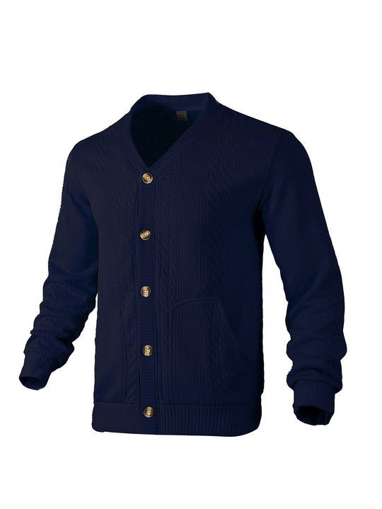 Herren nan eleganter Zopfstrickcardigan mit V-Ausschnitt Knopfleiste und aufgesetzten Taschen EB