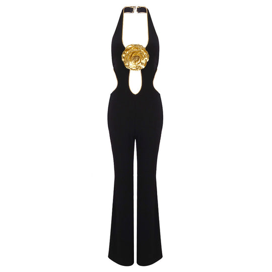 Damen Modischer Jumpsuit mit tiefem Ausschnitt und dekorativem Detail EB