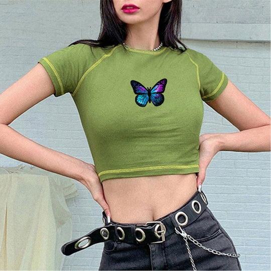 Damen stylisches Bio-Crop-Top mit Schmetterlingsdruck EB