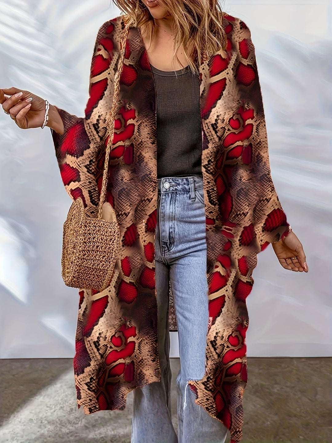 Damen Lässige Kimono-Jacke mit buntem Muster und weitem Schnitt EB
