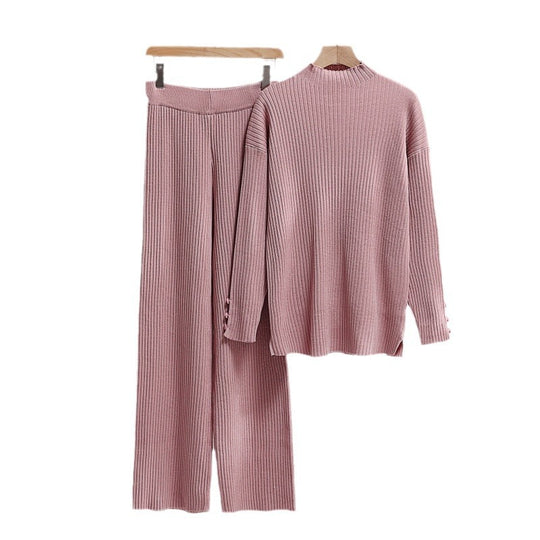 Damen lässiger Strickanzug mit Stehkragen und Knopfdetails EB