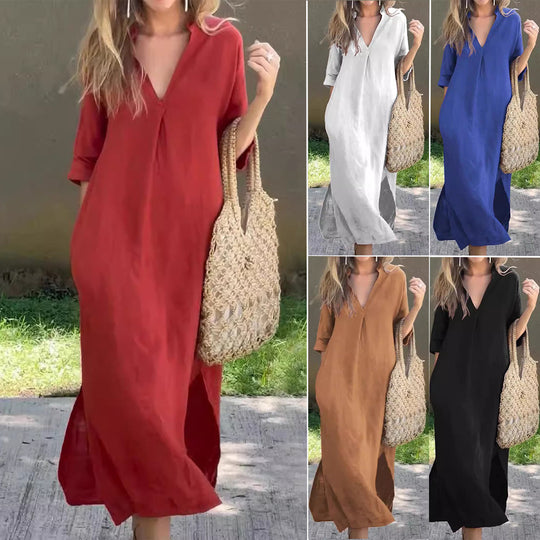 Damen Lässiges Maxikleid mit V-Ausschnitt und seitlichen Schlitzen EB