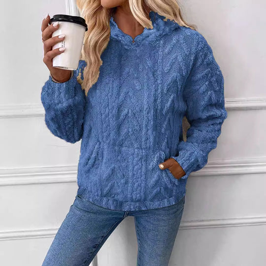 Damen nan kuscheliger Teddyfleece-Pullover mit Kängurutasche und leichtem Stehkragen EB