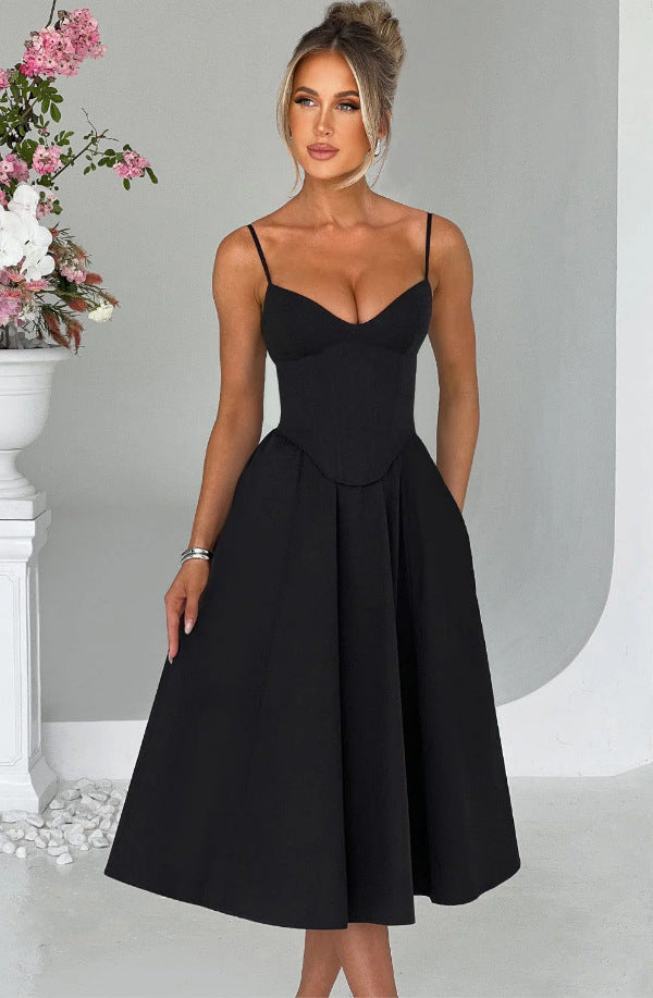 Damen Midikleid mit figurbetontem Oberteil und schwingendem Rock EB