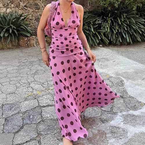 Damen Elegantes Maxikleid mit Punkten und tiefem V-Ausschnitt EB