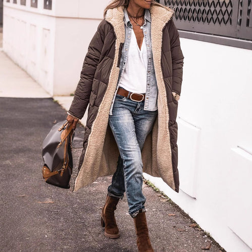 Damen Wintermantel im lässigen Oversized-Stil mit Kapuze und seitlichen Taschen EB