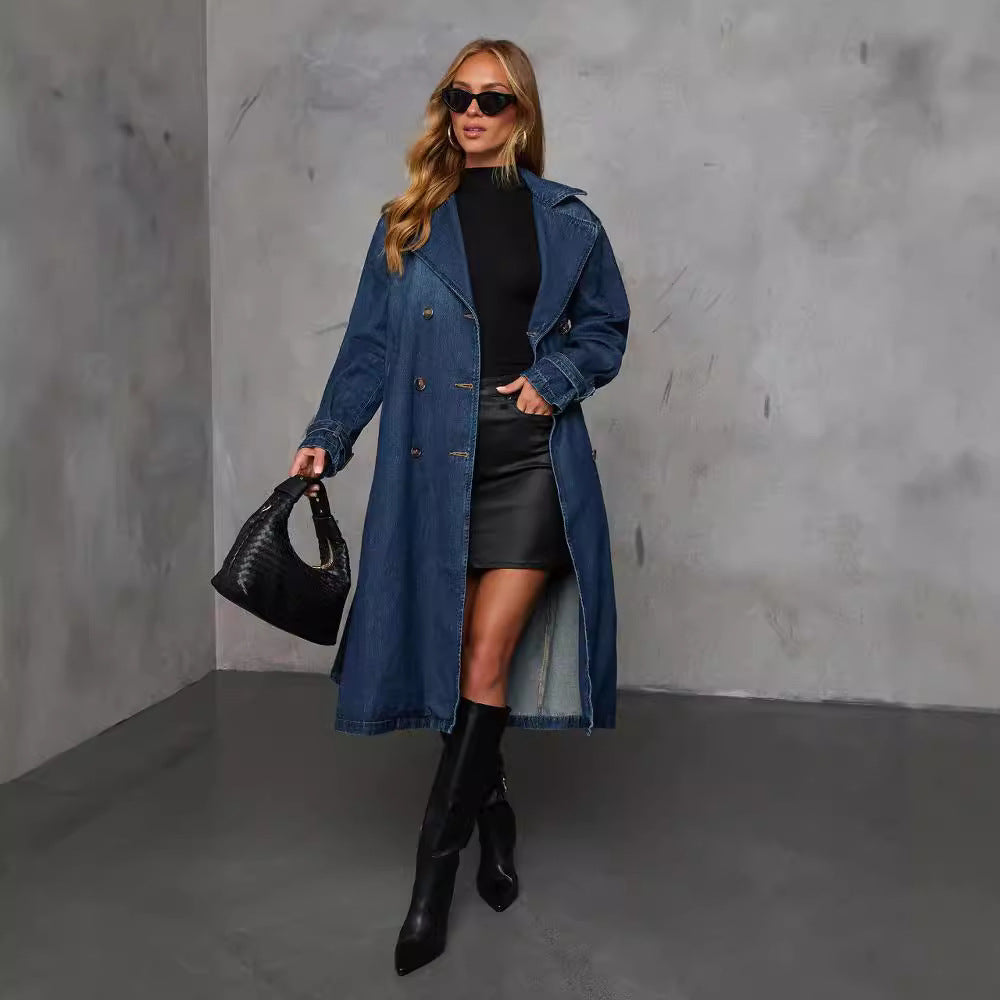 Damen Denim Trenchcoat mit Gürtel und praktischen Taschen EB