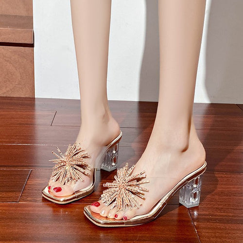 Damen glamouröse Mules mit funkelndem Blumenakzent EB