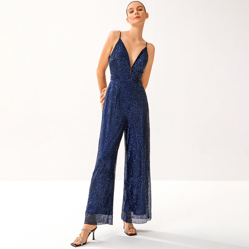 Damen Glitzernder Jumpsuit mit tiefem V-Ausschnitt und weitem Beinschnitt EB