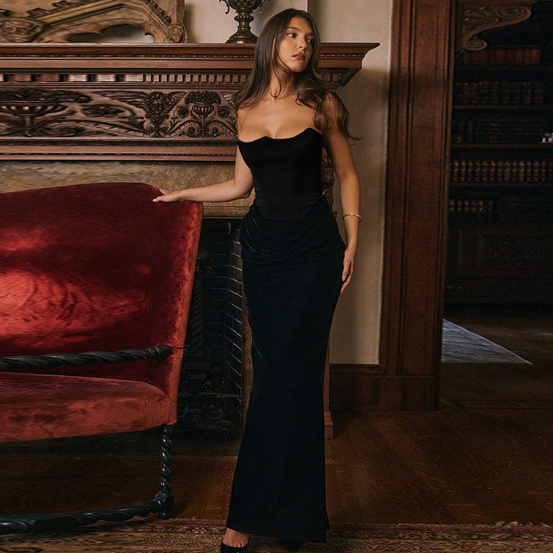 Damen elegantes A-Linien-Maxikleid mit gerafftem Oberteil und trägerlosem Design EB