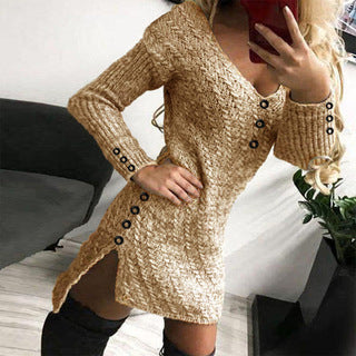 Damen Strickkleid mit V-Ausschnitt und Knopfdetails EB