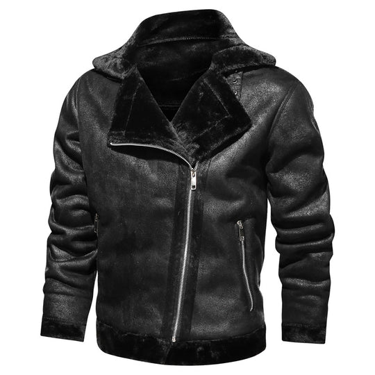 Herren Bikerjacke aus Lederimitat mit Teddyfell-Futter und asymmetrischem Reißverschluss EB