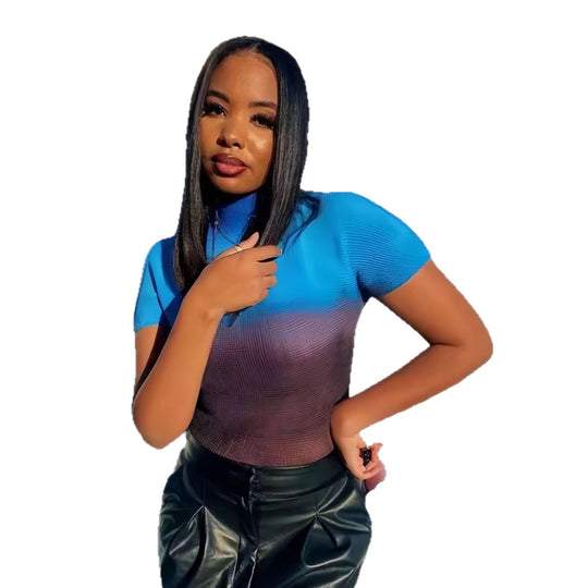 Damen Kurzarm-T-Shirt mit modernem Farbverlauf und hohem Kragen EB