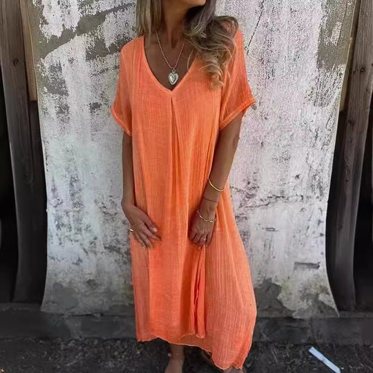 Damen Leichtes Sommerkleid mit V-Ausschnitt und weiten Ärmeln EB