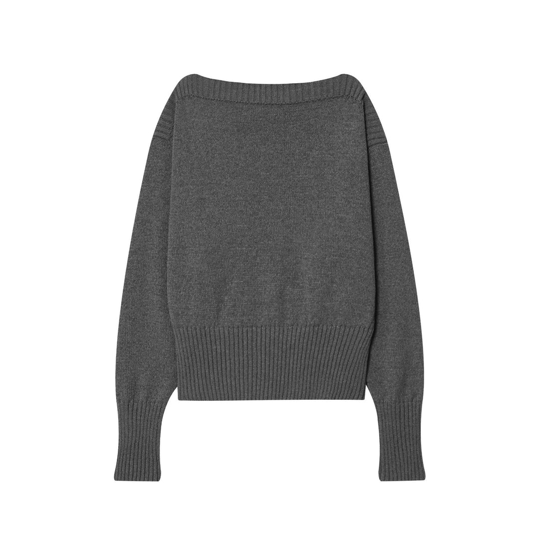 Damen legerer Strickpullover mit breitem Kragen und kontrastierenden Bündchen EB