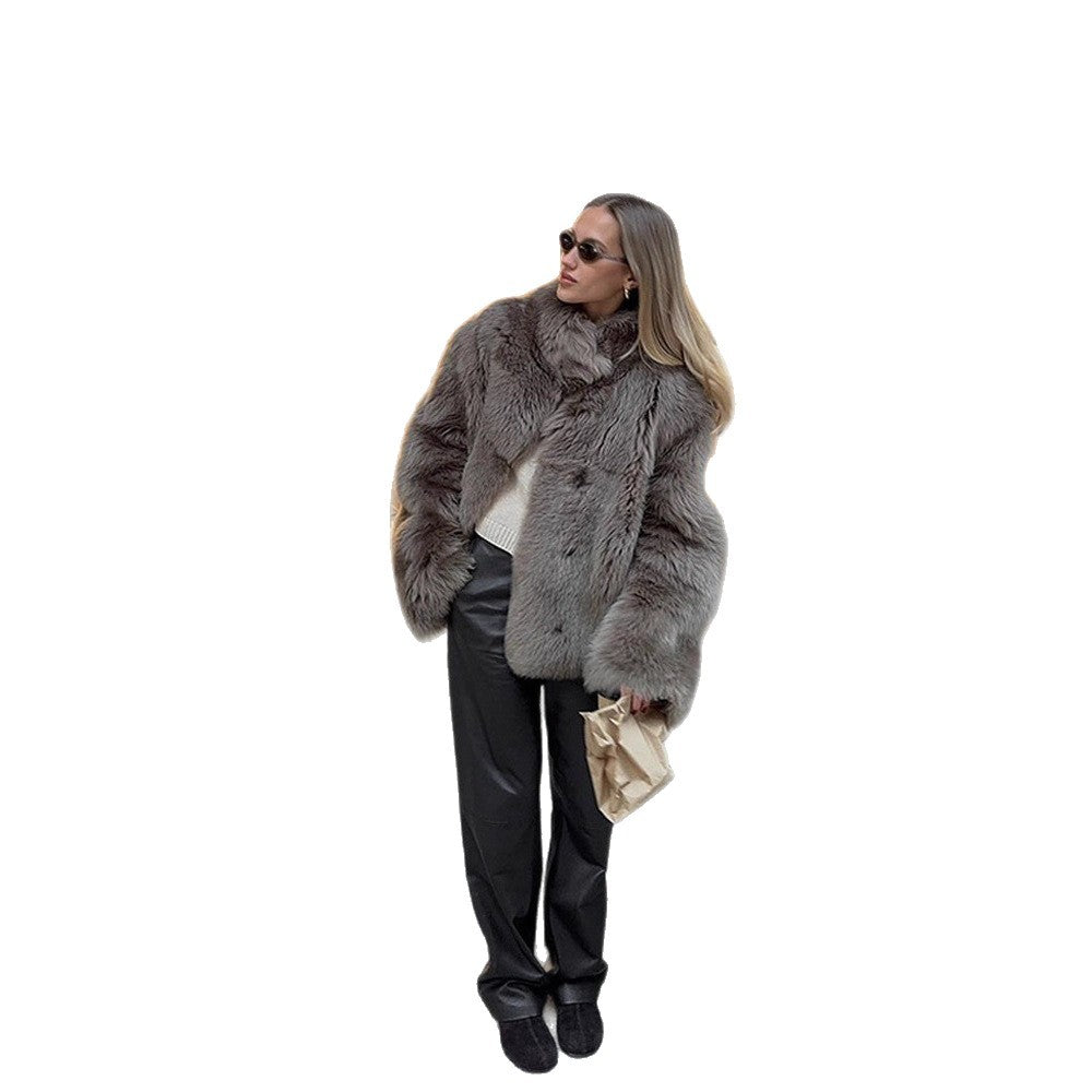 Damen luxuriöse Kunstfelljacke mit voluminösen Ärmeln EB