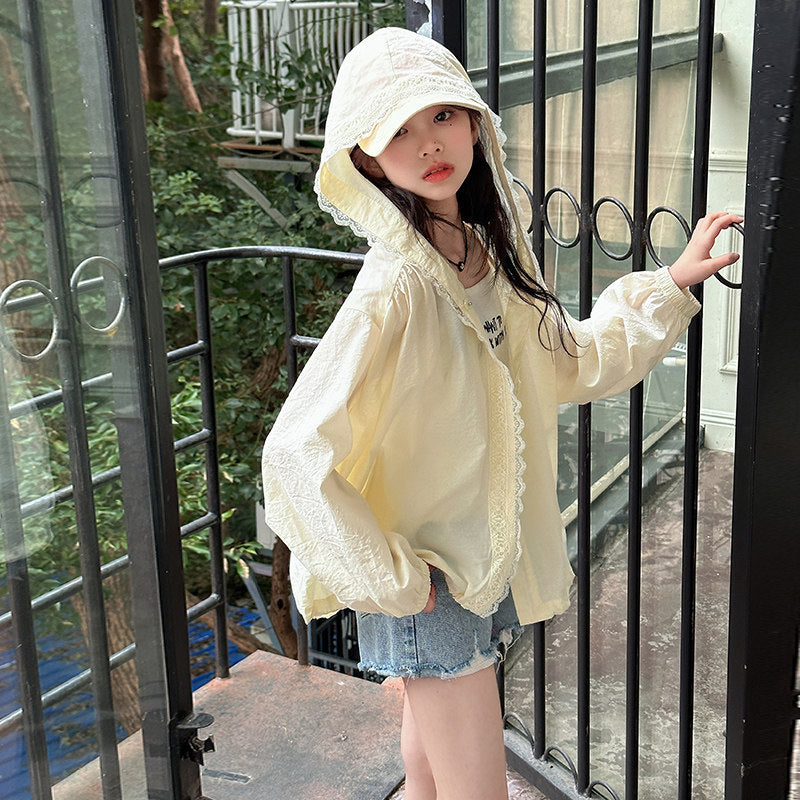 Damen nan leichte Kapuzenjacke mit Spitzenbesatz und weitem Schnitt R&B