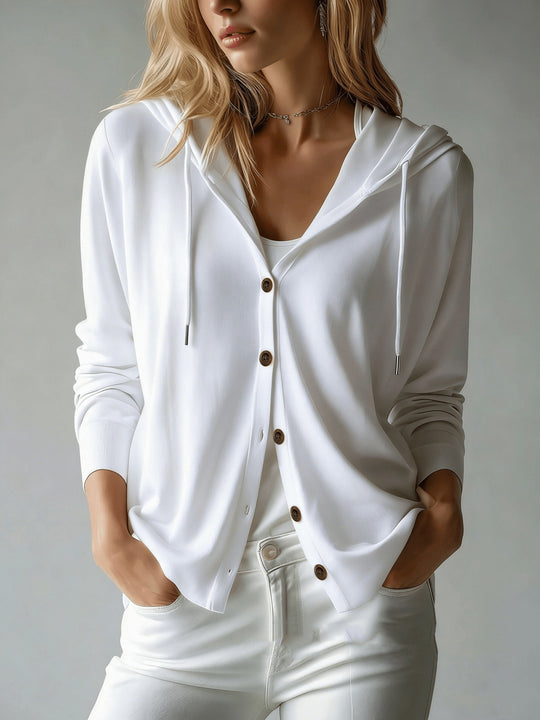 Damen nan leichter Kapuzen-Cardigan mit Knopfleiste und Tunnelzug EB