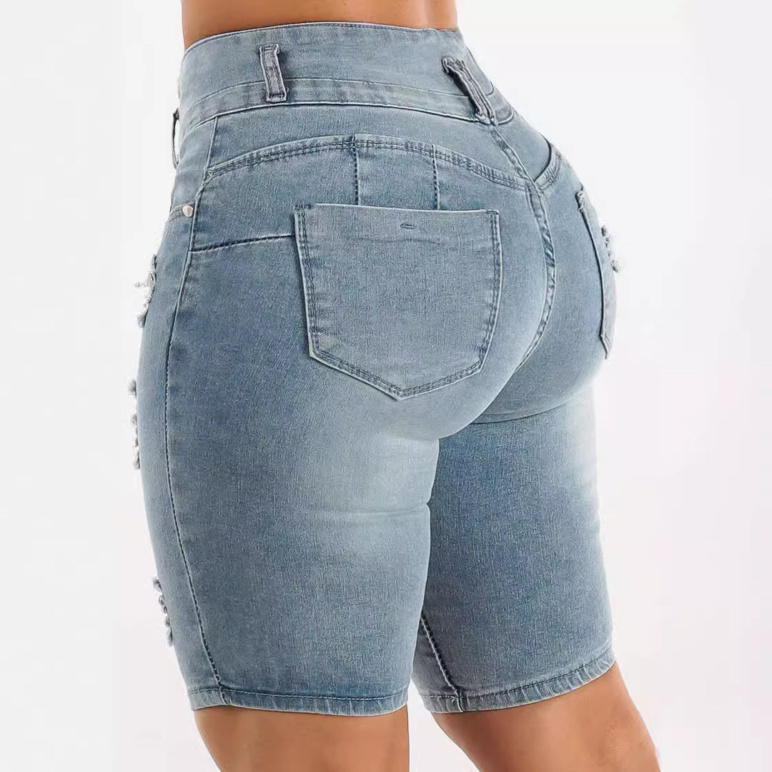 Damen Ripped Denim Shorts mit regulierbarem Bund und modischen Zierflicken EB