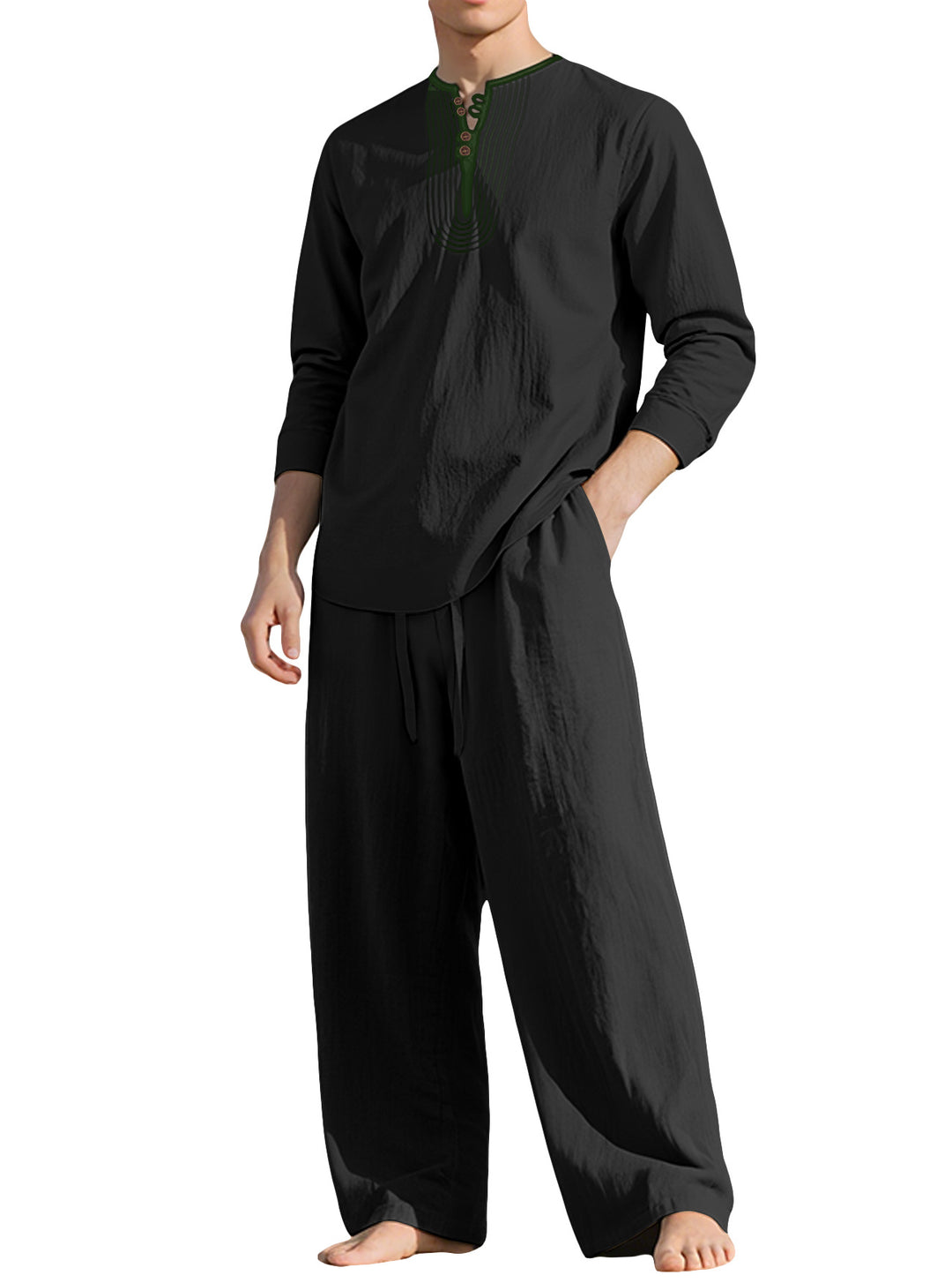 Herren nan Tunika- und Palazzohose-Set mit Henley-Blende, Zierstickerei und weitem Schnitt EB