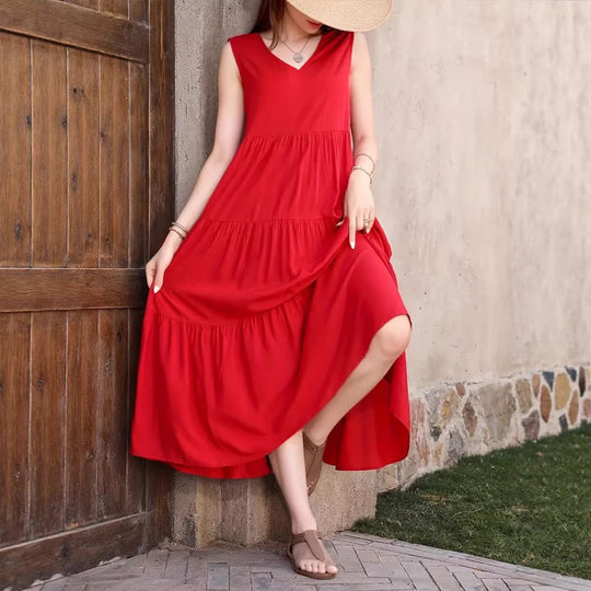 Damen Elegantes Sommer-Maxi-Kleid mit voluminösem Rock und V-Ausschnitt EB