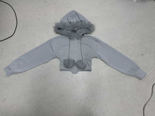 Damen nan kurzes Kapuzen‑Sweatshirt mit Kunstfellbesatz, Reißverschluss und Pompon-Kordeln EB