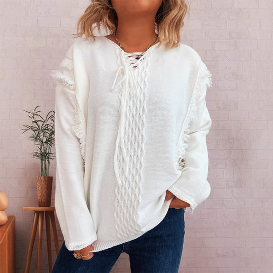 Damen Oversize-Strickpullover mit verspieltem Fransen-Design und Zopfmuster EB