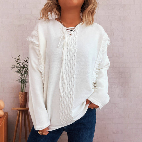 Damen Oversize-Strickpullover mit verspieltem Fransen-Design und Zopfmuster EB