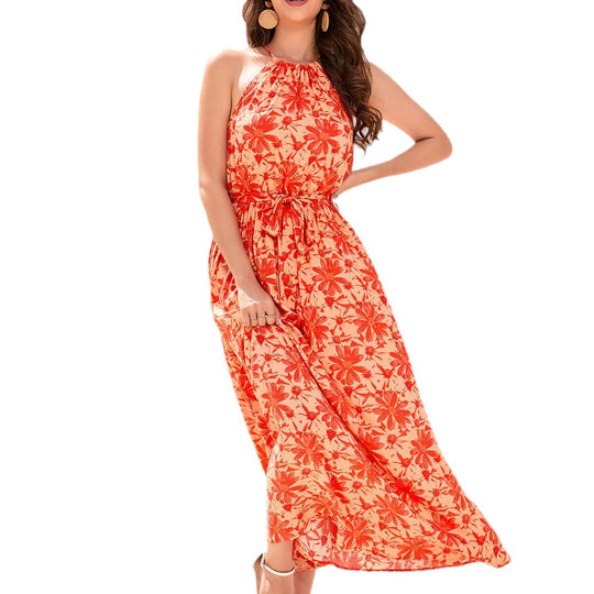 Damen Maxikleid mit floralem Muster und elastischem Taillenband EB