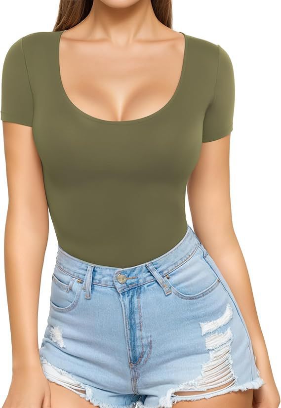 Damen figurbetontes Kurzarm-Body mit rundem Ausschnitt und nahtlosem Design EB