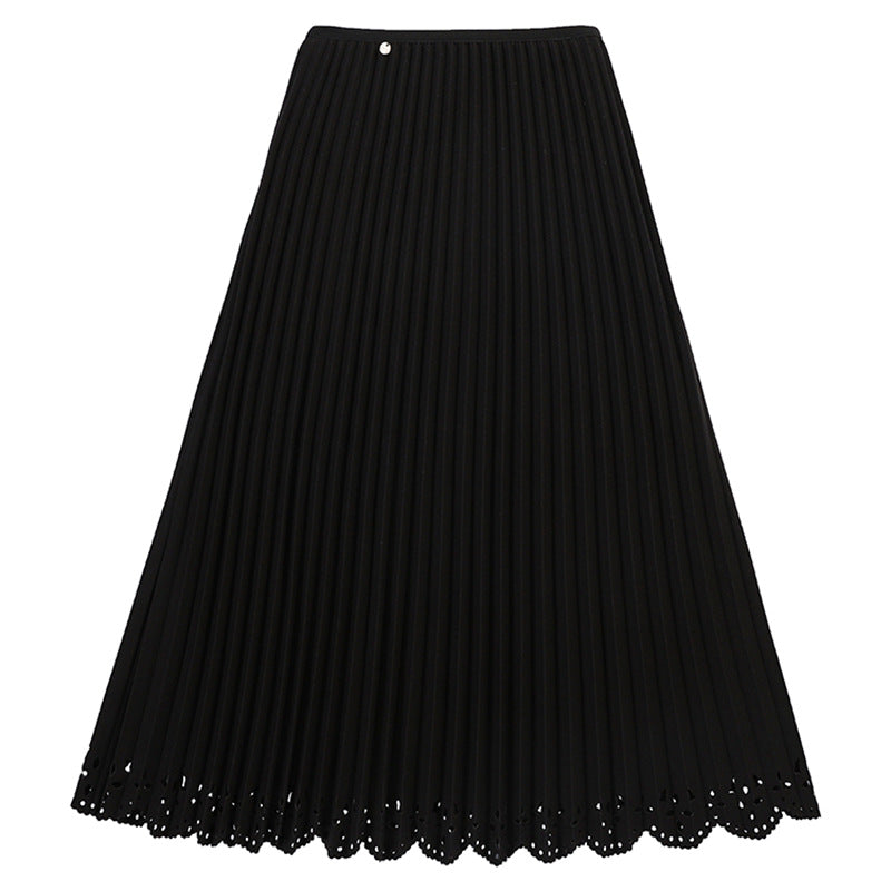 Damen  plissierter Midirock mit feinem Plissee, elastischem Taillenbund und floraler Lasercut-Saum EB