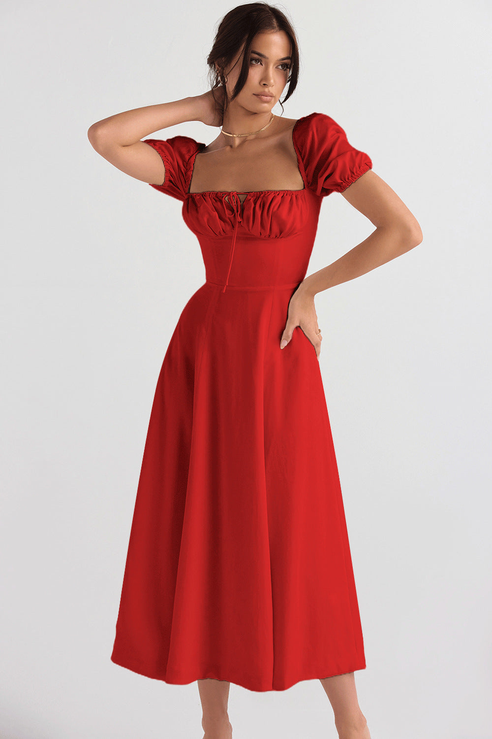 Damen Midi-Kleid mit gerafftem Oberkörper und ausgestelltem Rock EB