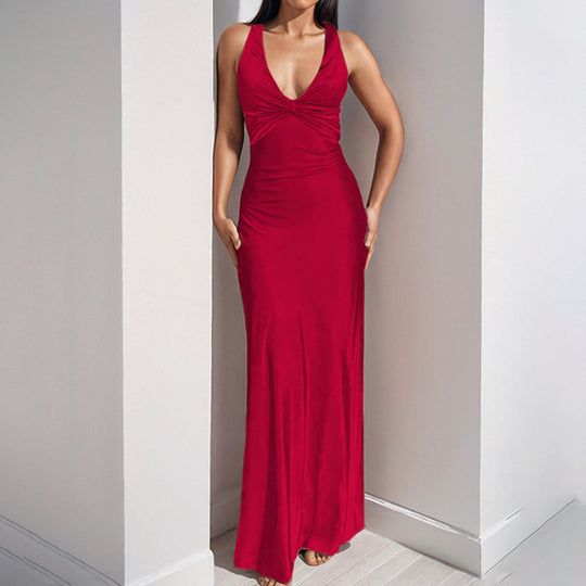 Damen Figurumspielendes Maxikleid mit elegantem V-Ausschnitt und Raffungen EB