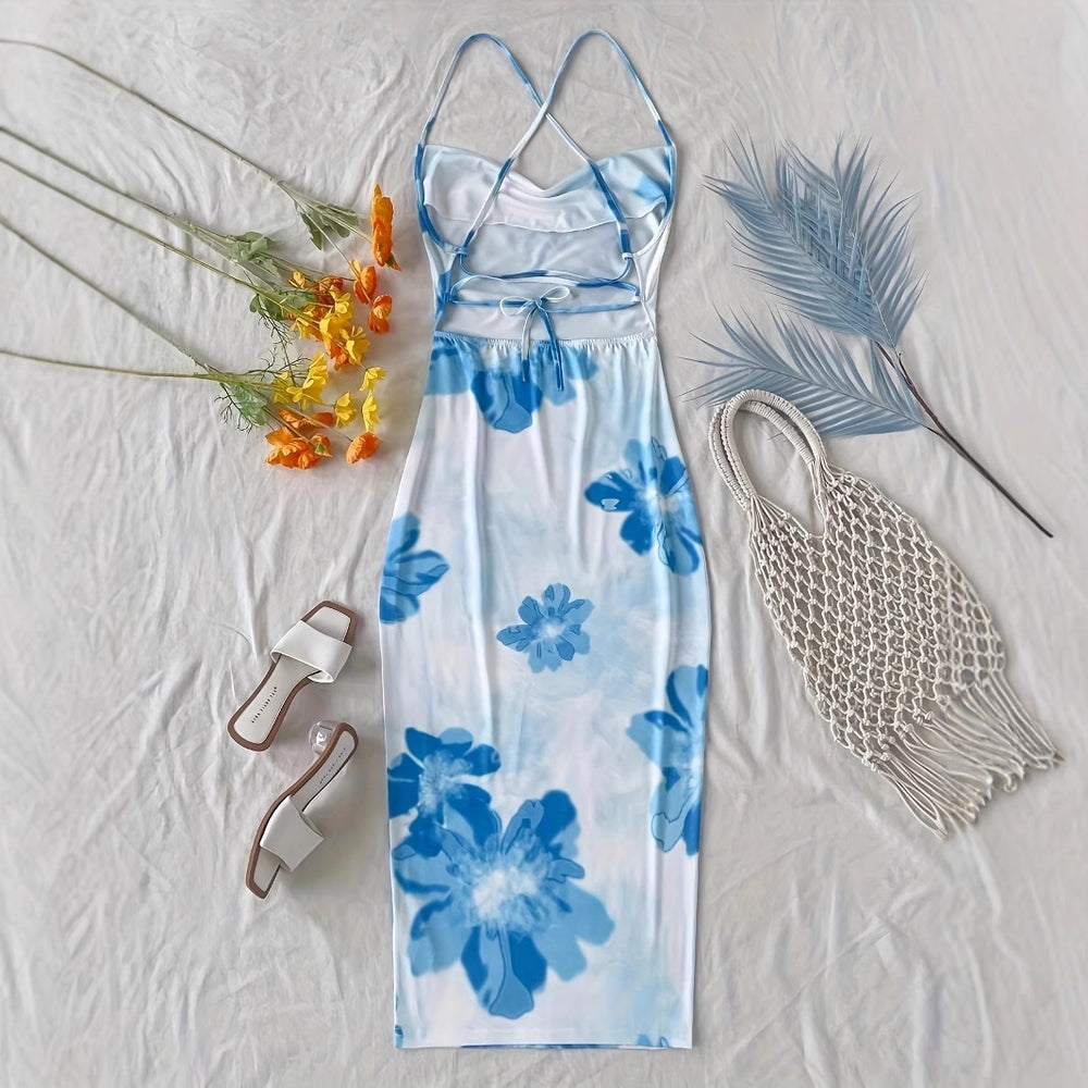 Damen figurbetontes Maxikleid mit attraktiven Spaghettiträgern und floralen Mustern EB