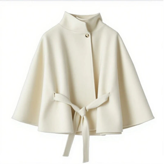 Damen elegante Umhangjacke mit Bindegürtel und hochgeschlossenem Kragen EB