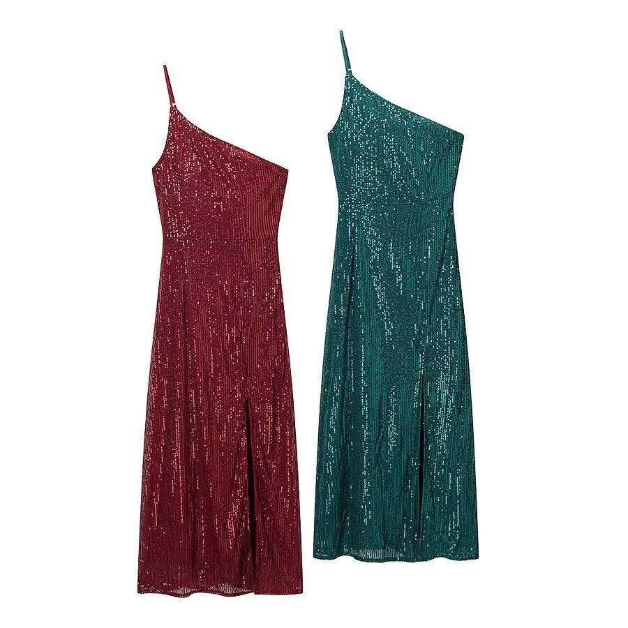 Damen glamouröses Abendkleid mit asymmetrischem Schnitt und schimmernden Pailletten EB