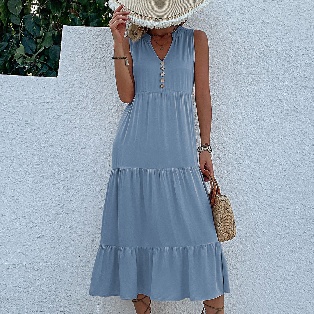 Damen Maxikleid mit Knopfdetail und voluminösem Rock EB