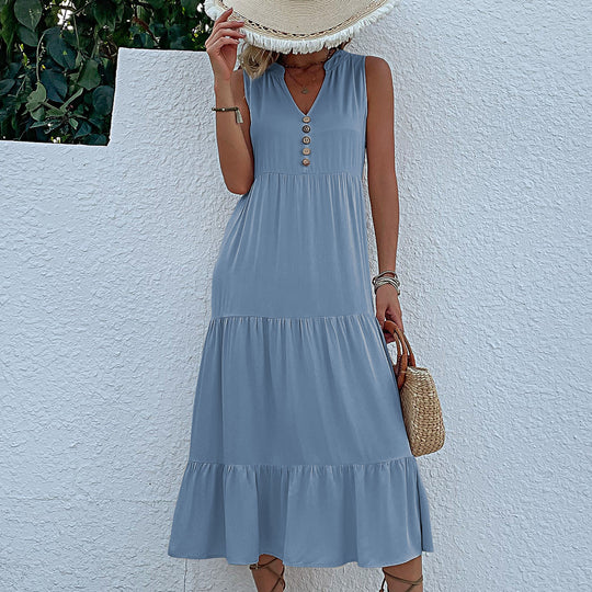 Damen Maxikleid mit Knopfdetail und voluminösem Rock EB