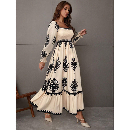 Damen Maxikleid mit Puffärmeln und elegantem Stickmuster EB