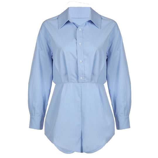 Damen nan taillierter Hemd‑Romper mit Langarm, verdeckter Knopfleiste und figurformender Taille EB