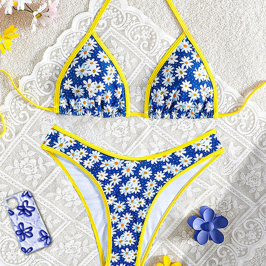 Damen Blumenmuster Bikini-Set mit verstellbaren Trägern und hohem Beinausschnitt EB