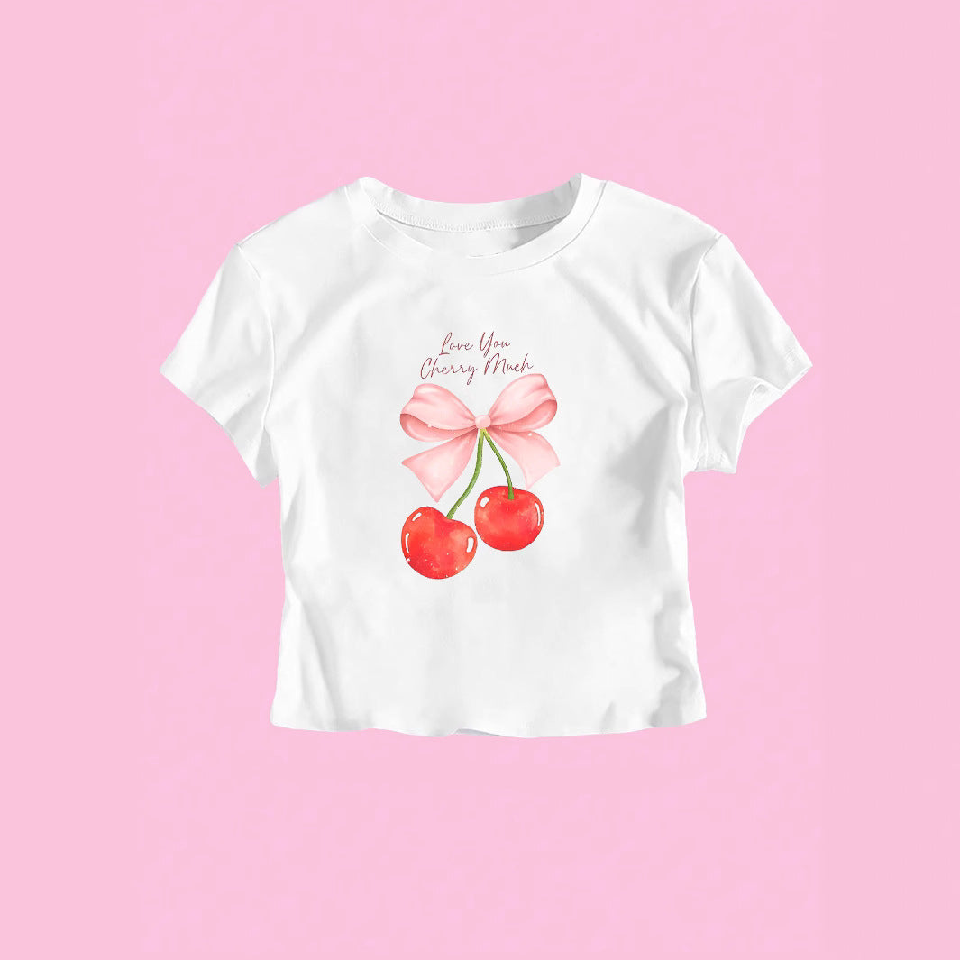Damen Crop-Top mit fröhlichem Kirschmotiv und Schleifendruck EB