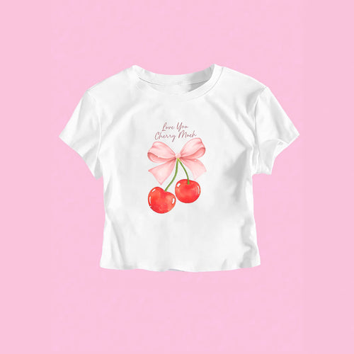 Damen Crop-Top mit fröhlichem Kirschmotiv und Schleifendruck EB