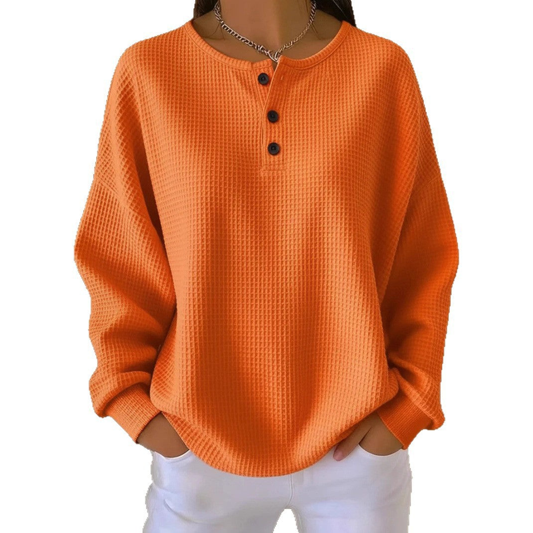 Damen nan Oversized Waffelstrick Henley-Pullover mit Knopfleiste und abgerundetem Saum EB