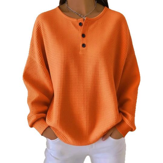 Damen nan Oversized Waffelstrick Henley-Pullover mit Knopfleiste und abgerundetem Saum EB