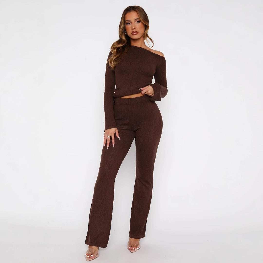 Damen Zweiteiliges Strick-Loungewear-Set mit Carmen‑Ausschnitt und weitem High‑Waist‑Hosenbein EB
